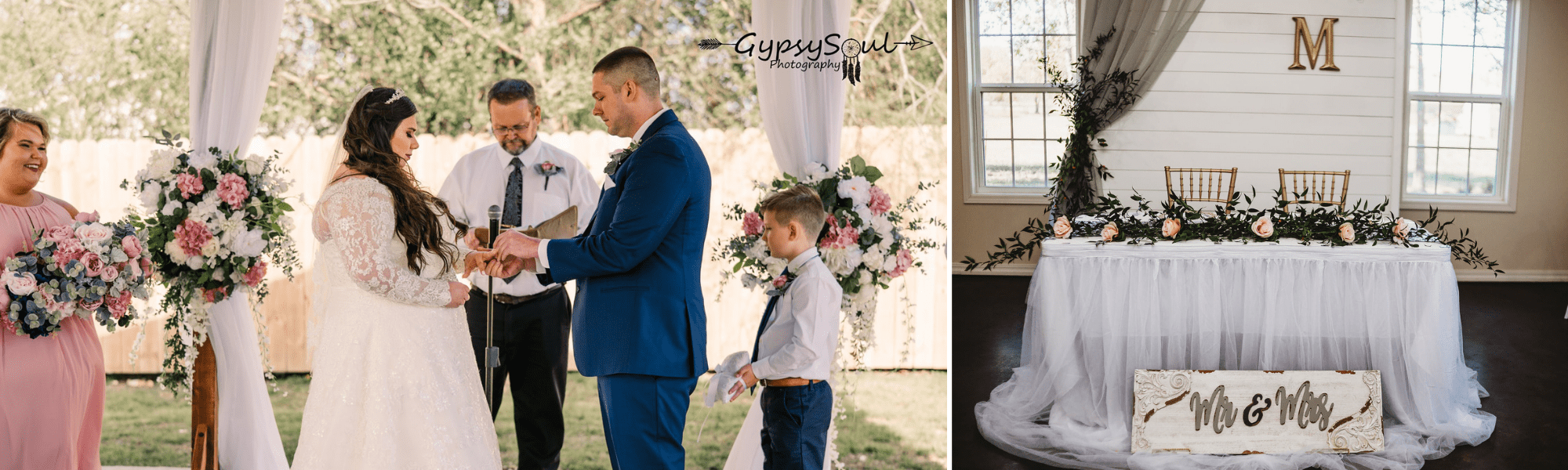 couple saying vows and wedding reception table